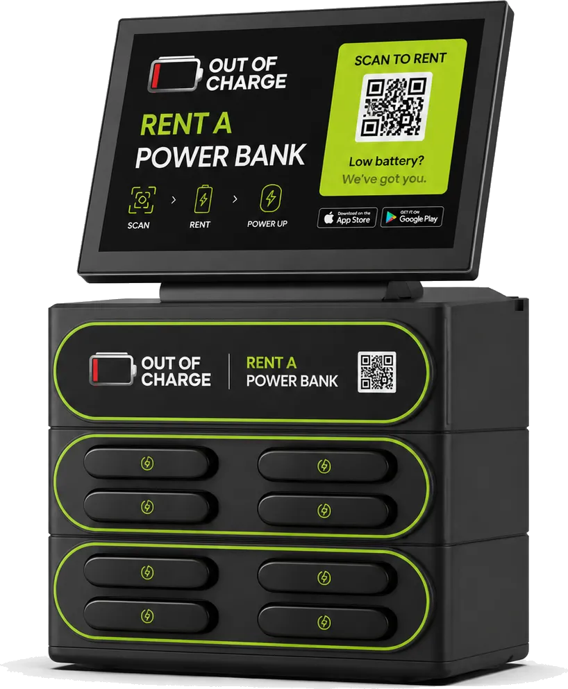 A countertop Out Of Charge power bank rental station with a touchscreen and charged power banks
