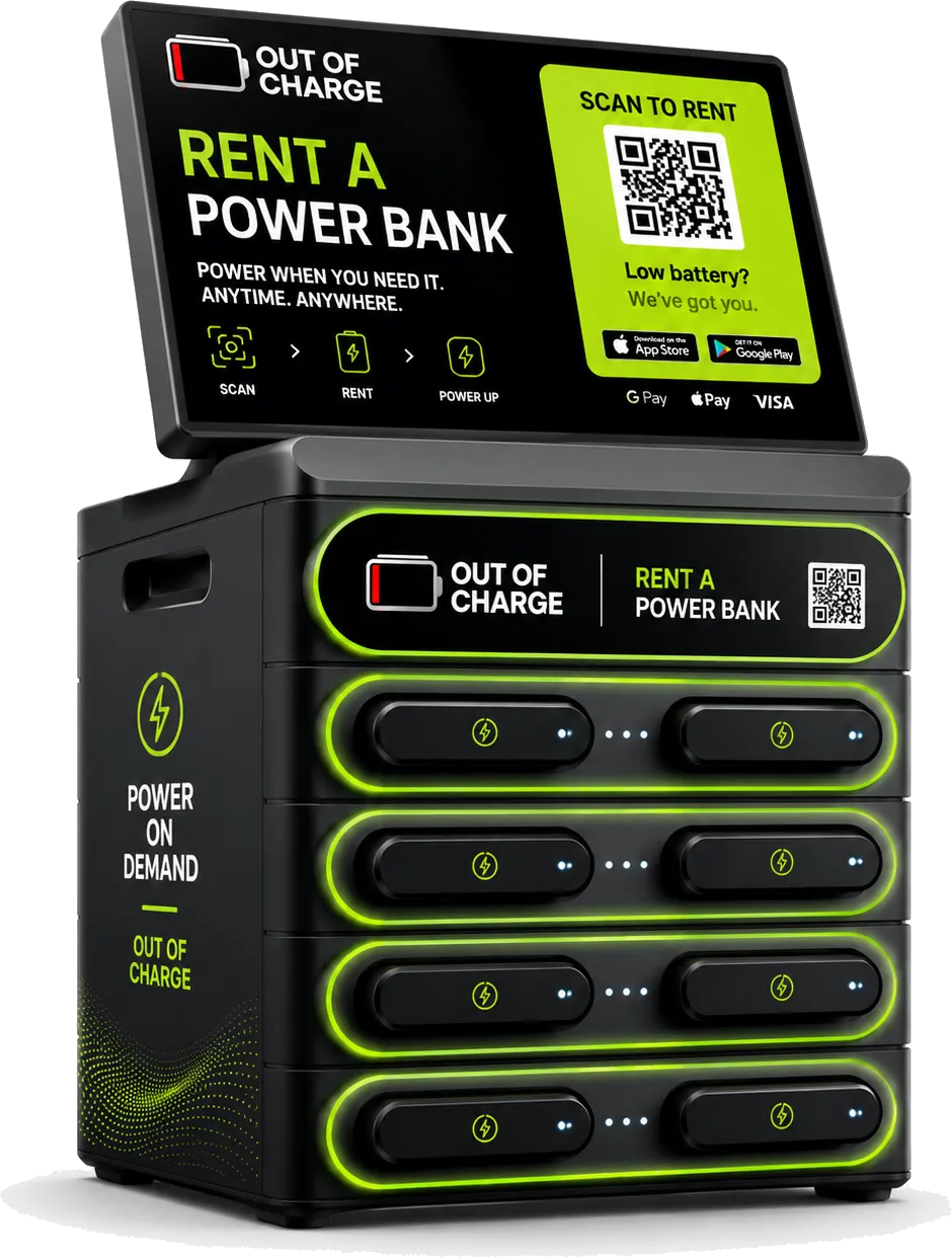 An Out Of Charge power bank rental station, stocked with charged power banks ready to rent