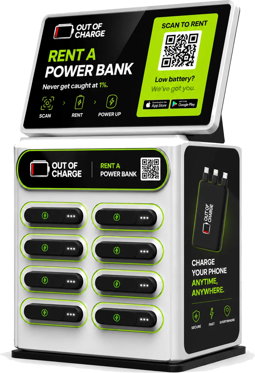 An Out Of Charge power bank rental station ready to place in a venue